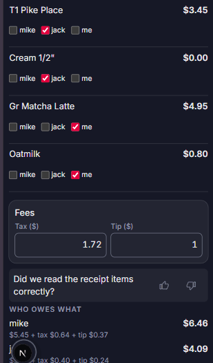 A receipt's items being assigned to participants, with the person who paid shown above