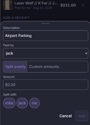 The fixed amount sheet, with an amount split evenly between selected participants