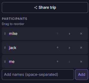 The participant list in trip settings, with controls to reorder and remove people
