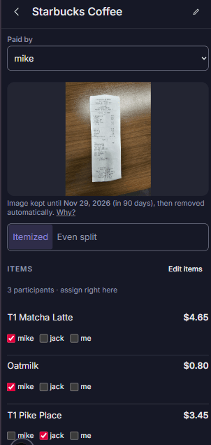 A scanned receipt with its line items listed, including a multi-quantity line split into separate items