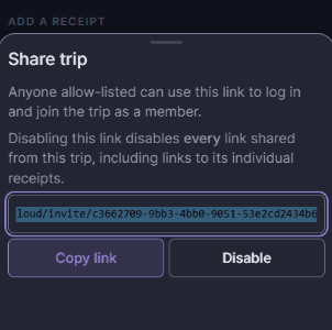 The share panel with an invite link ready to copy