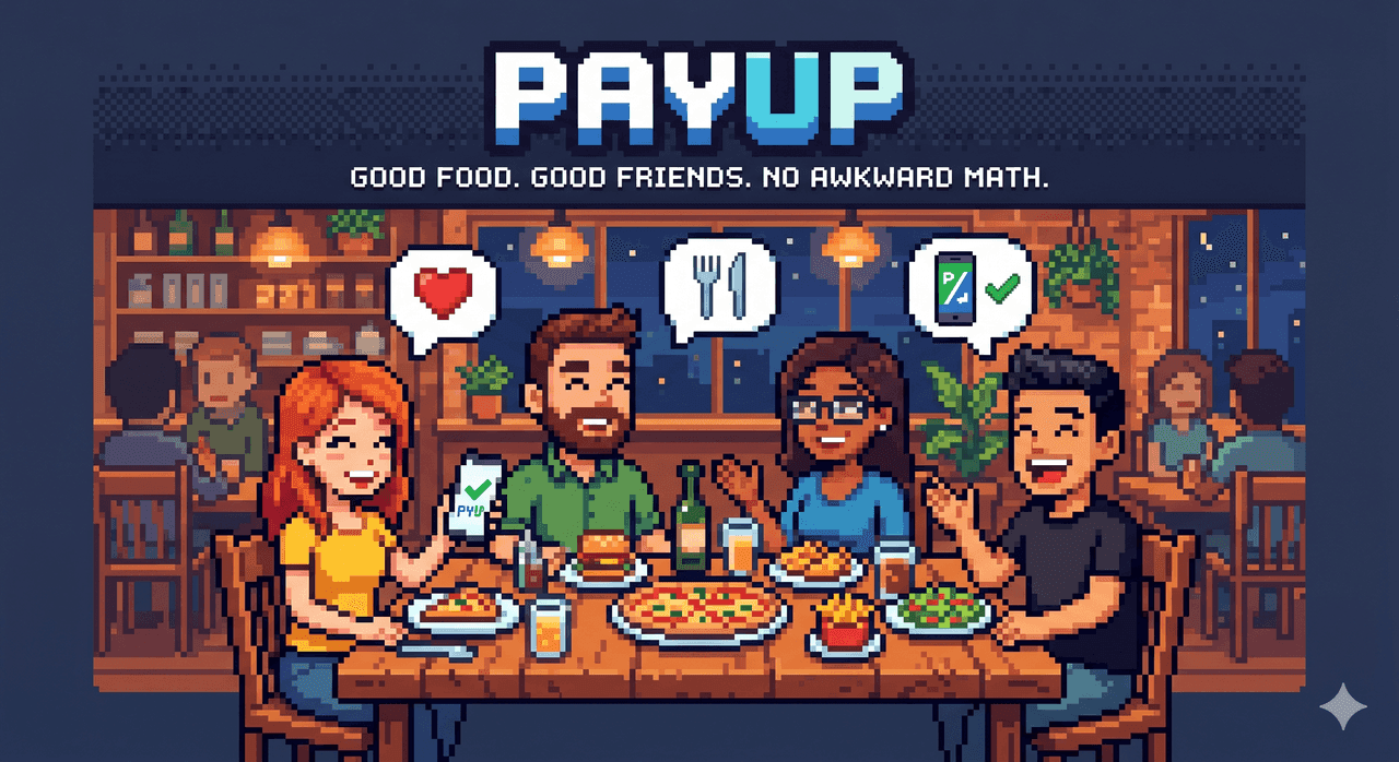 Four friends round a diner table, one holding a phone showing PayUp